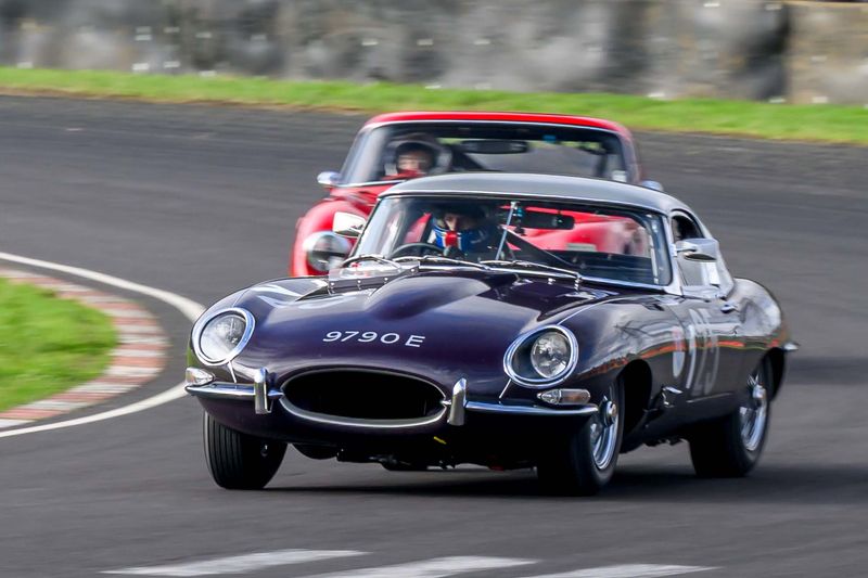 Hilton & Moss take the purple E-Type to Castle Combe